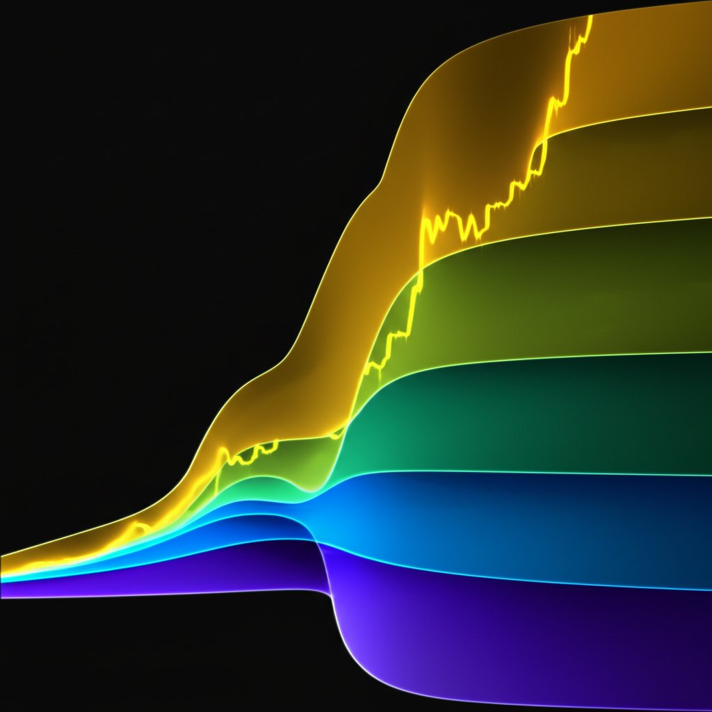 illustration of the bitcoin rainbow chart's colored bands and price curve