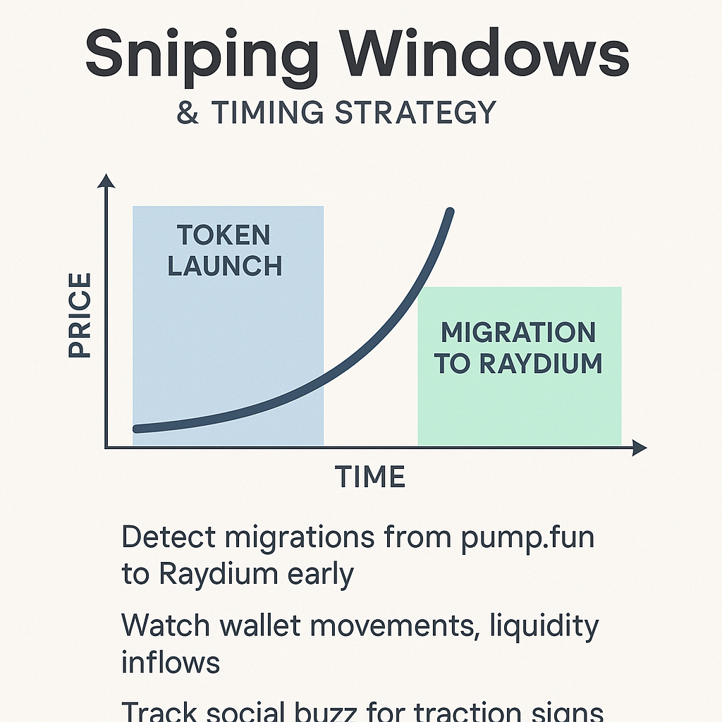 Sniping windows and timing strategy for Solana sniper bots, showing token launch detection, pump.fun migration tracking, and social/liquidity-based entry timing.